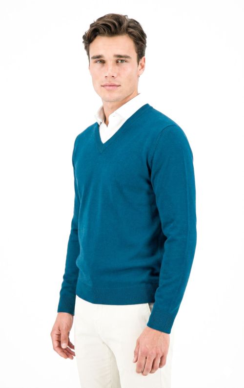V-hals merino-wol Petrol