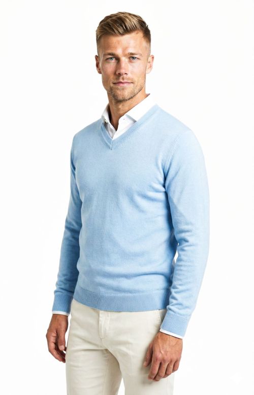 V-hals merino-wol Lichtblauw