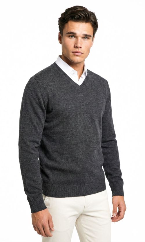 V-hals merino-wol Grijs