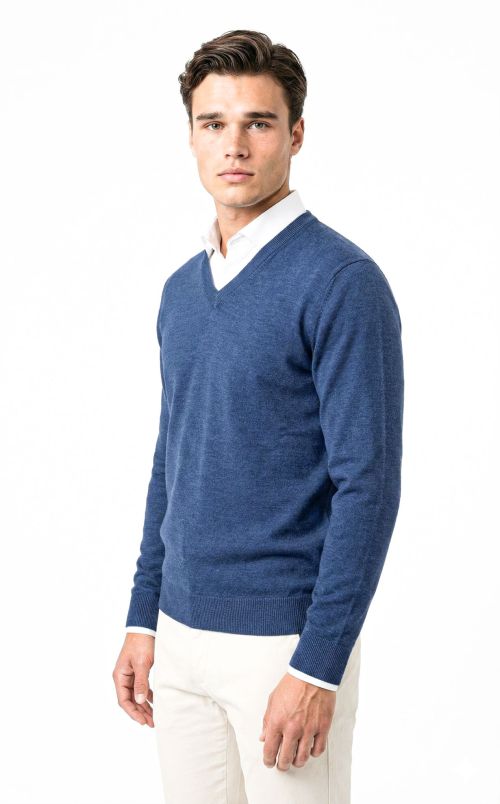 V-hals merino-wol Rafblauw