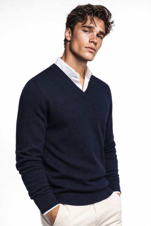 V-hals merino-wol Marine
