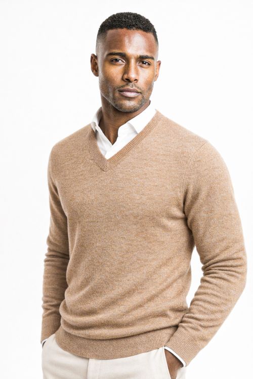 V-hals merino-wol Zand