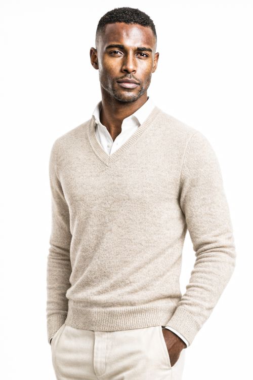 V-hals merino-wol Ecru