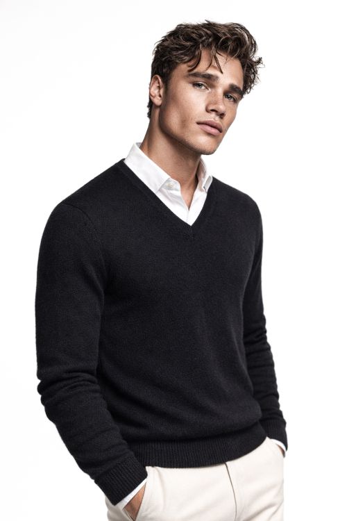 V-hals merino-wol Zwart