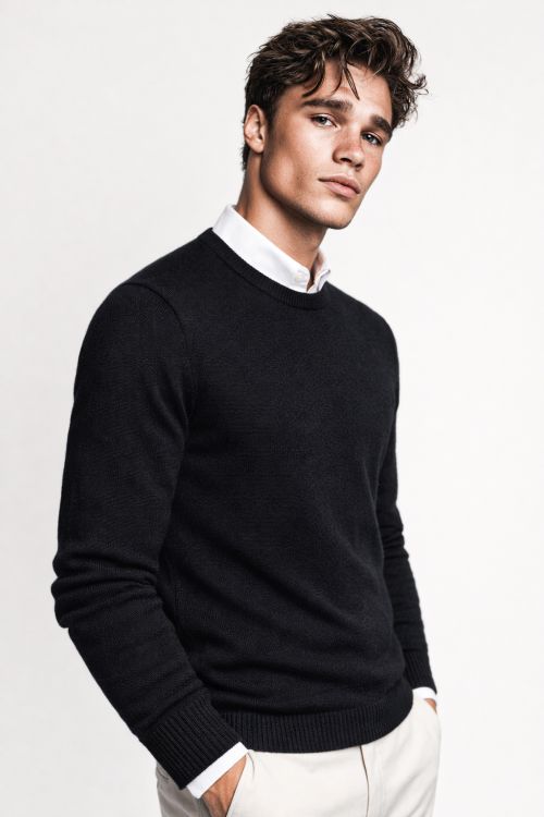 R-hals merino-wol Zwart