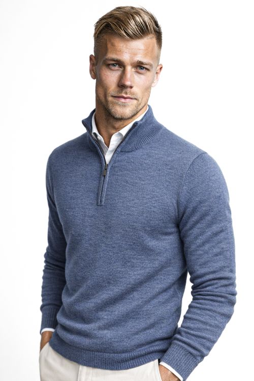 1/4 Zip merino-wol Rafblauw